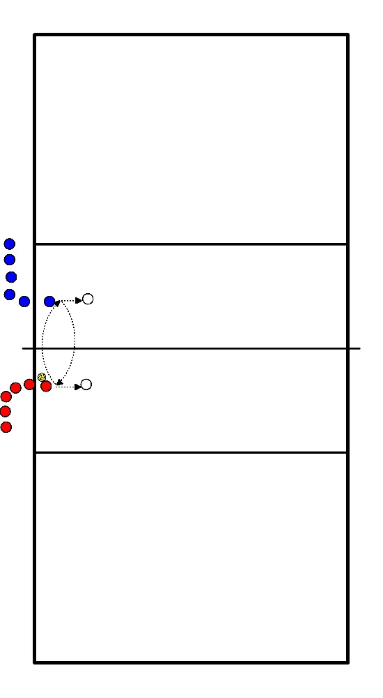 drawing Warming-up in tweetallen met net ertussen